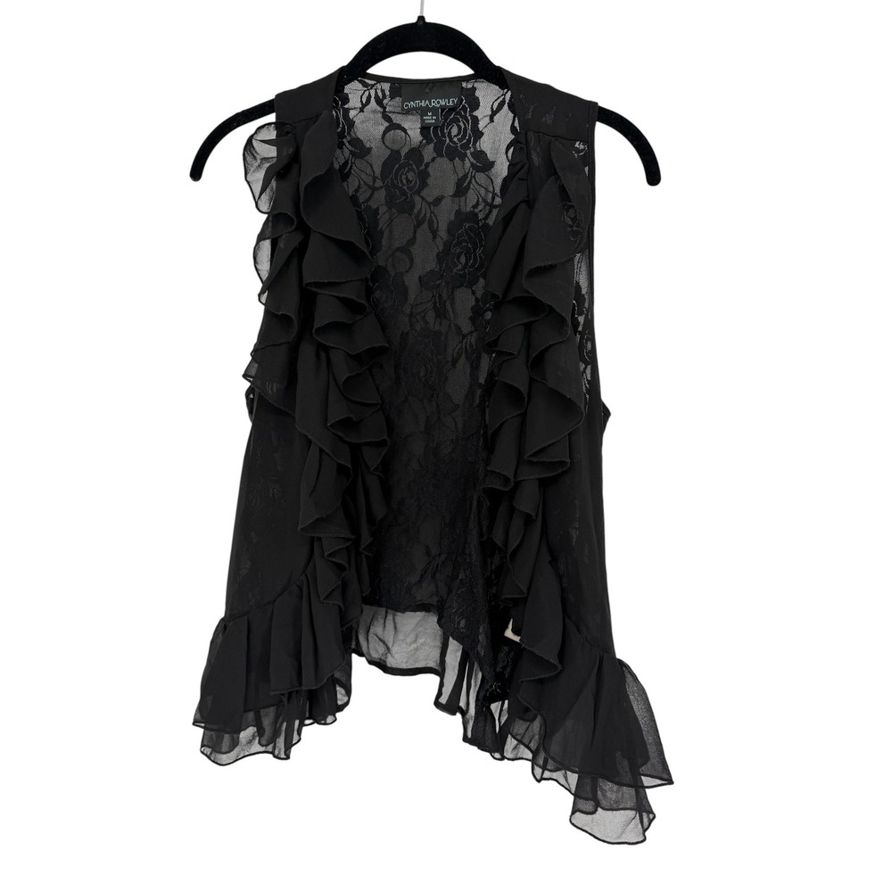 Cynthia Rowley Black Ruffle Lace Back Open Front Vest Sleeveless Cardigan Medium